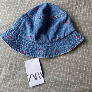 Zara Kids Denim Bucket Hat with Red Hearts